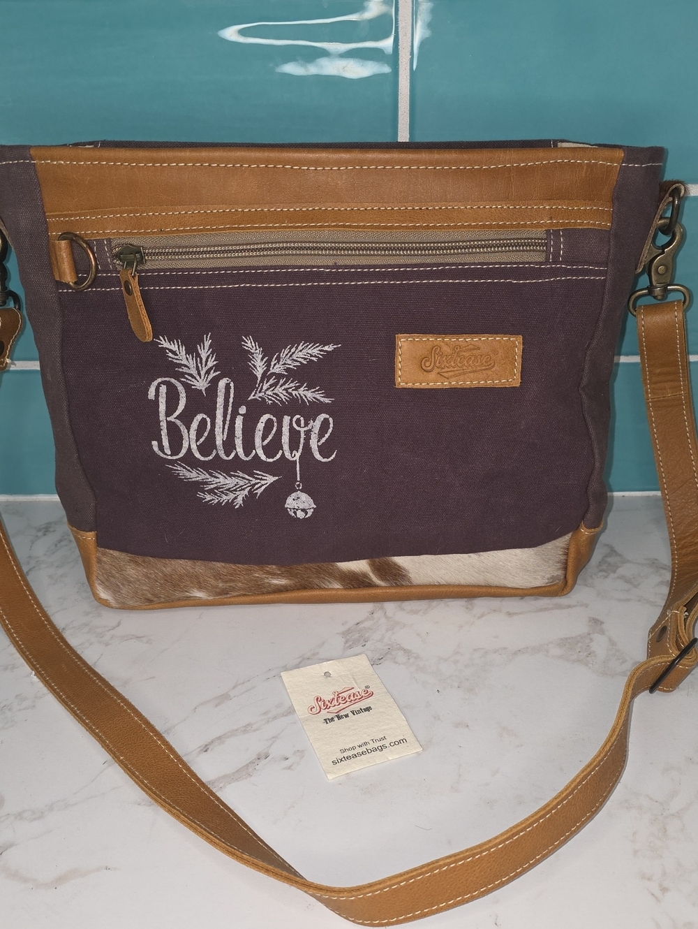 Sixtease "Believe" Canvas Crossbody Bag in Dark Plum and Tan/Leather